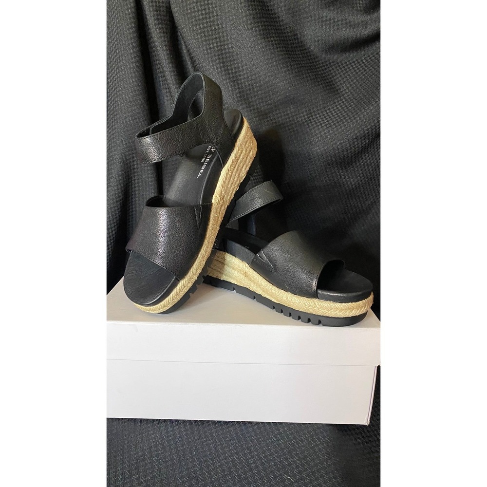 Josef Seibel Black Leather Wedge Sandals Adjustable Strap Size 37 US 6.5-7